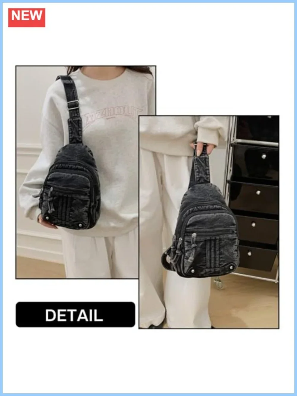 Washed Denim Y2K Sling Crossbody Bag Women Chest Purse Anti-Theft